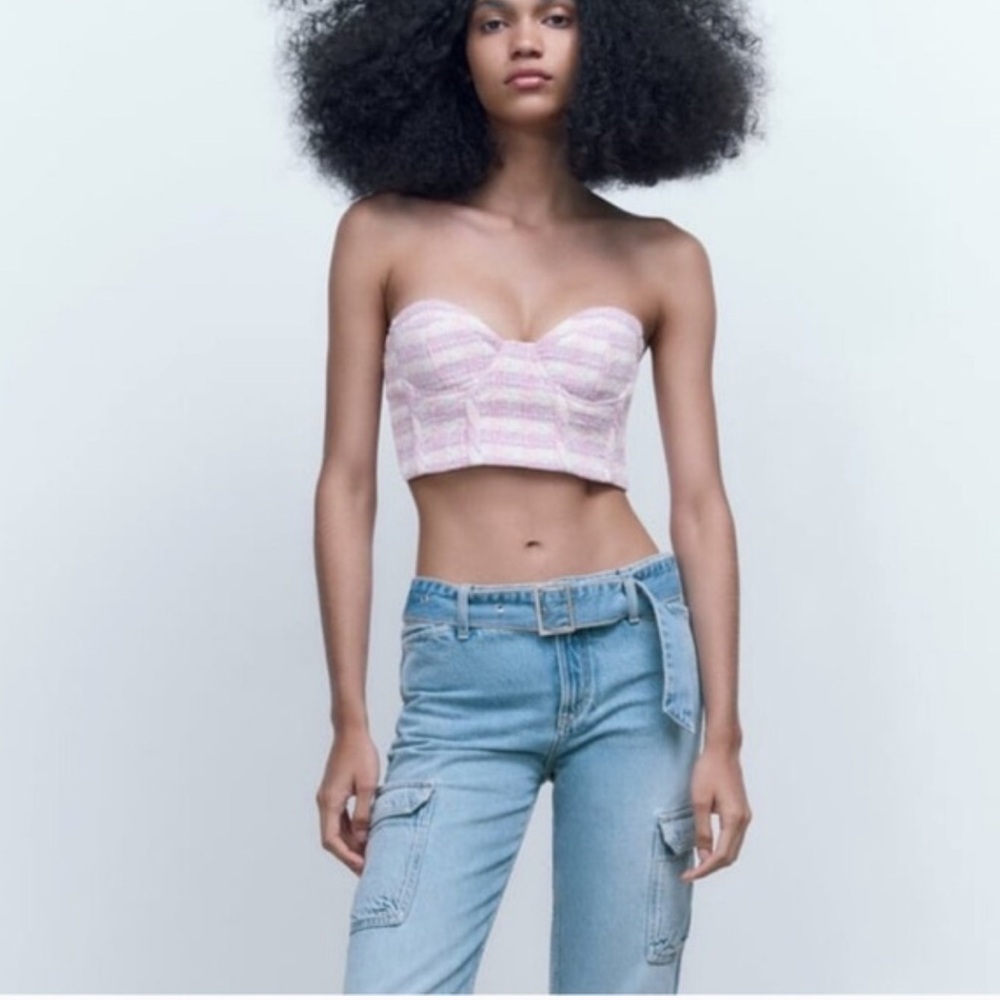 ZARA Tweed Bustier Corset Sweetheart Crop Top - Picture 3 of 8